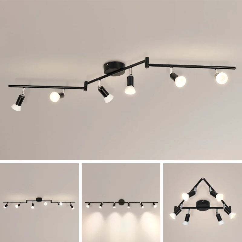 GU10 modern LED ceiling light fixture in black metal with an adjustable track and six spotlights