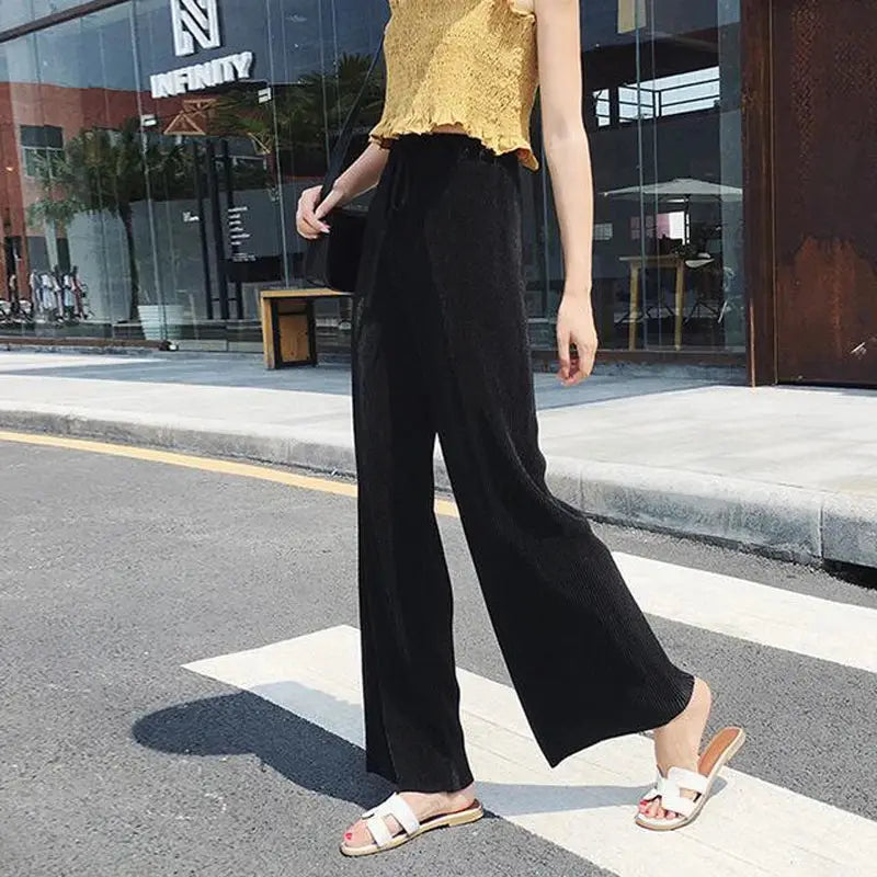 NovaModa Ice Silk Pleated Wide Leg Pants For Women Breathable Summer Comfort Elastic Waist