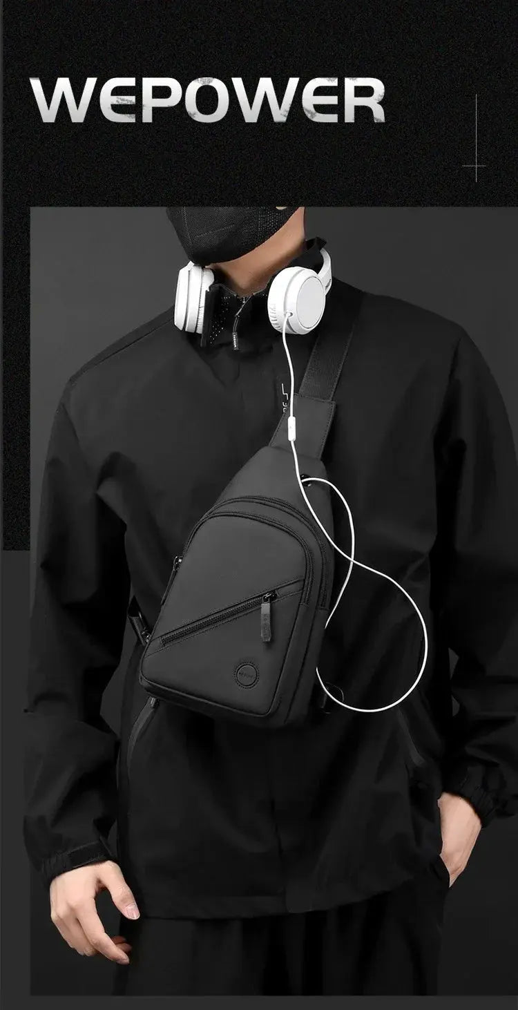 Lightweight men's chest bag by Simples Market; black nylon crossbody sling with multiple zip pockets