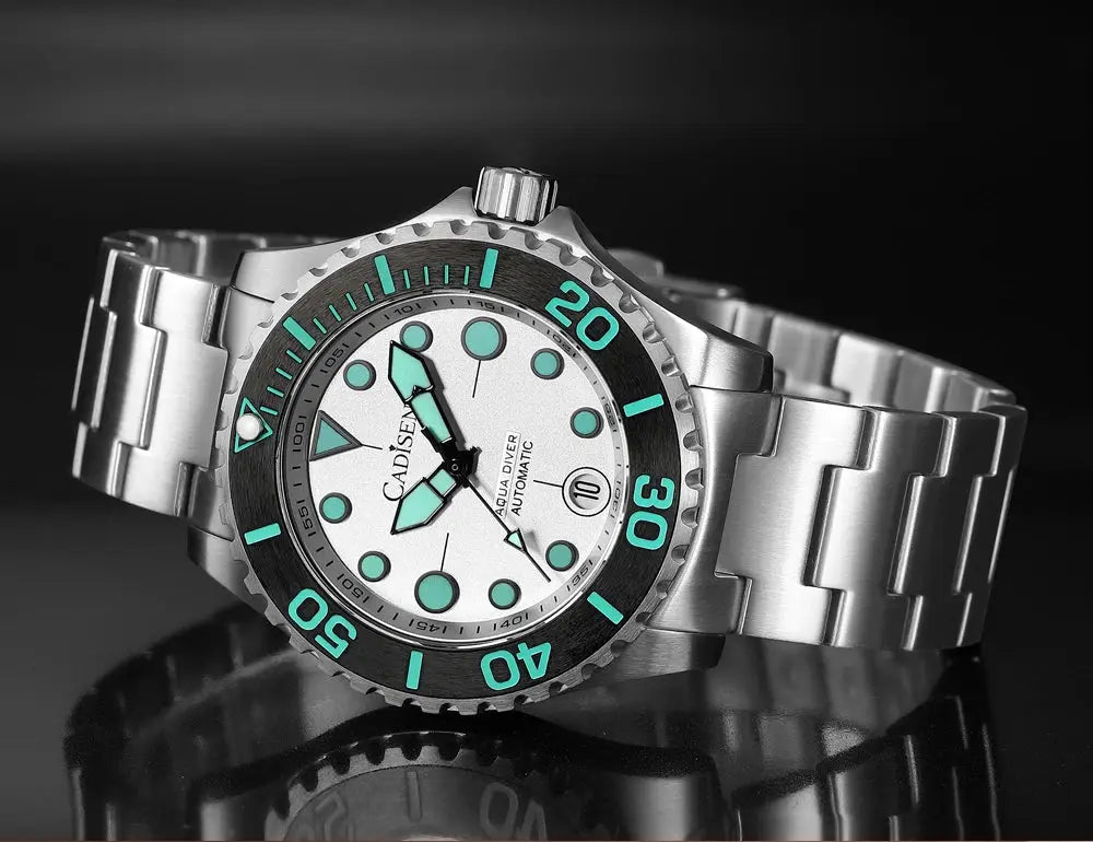 CADISEN Aqua Diver automatic watch for men, stainless steel bracelet, turquoise bezel and lume, 100M water resistant
