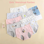 Girls' menstrual panties set by Simples Market; breathable cotton, leak-proof, cute cartoon prints.