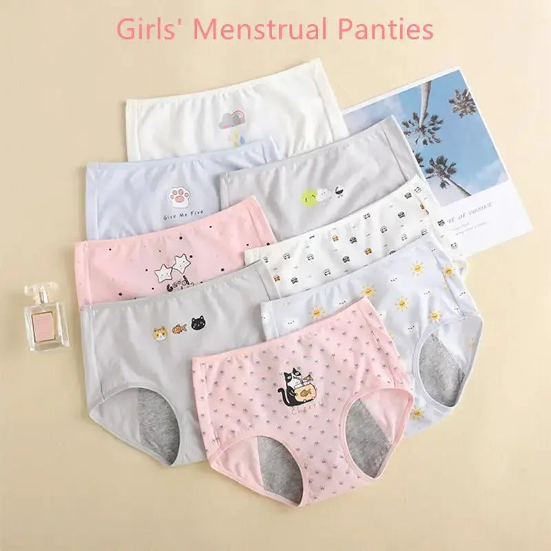 Girls' menstrual panties set by Simples Market; breathable cotton, leak-proof, cute cartoon prints.