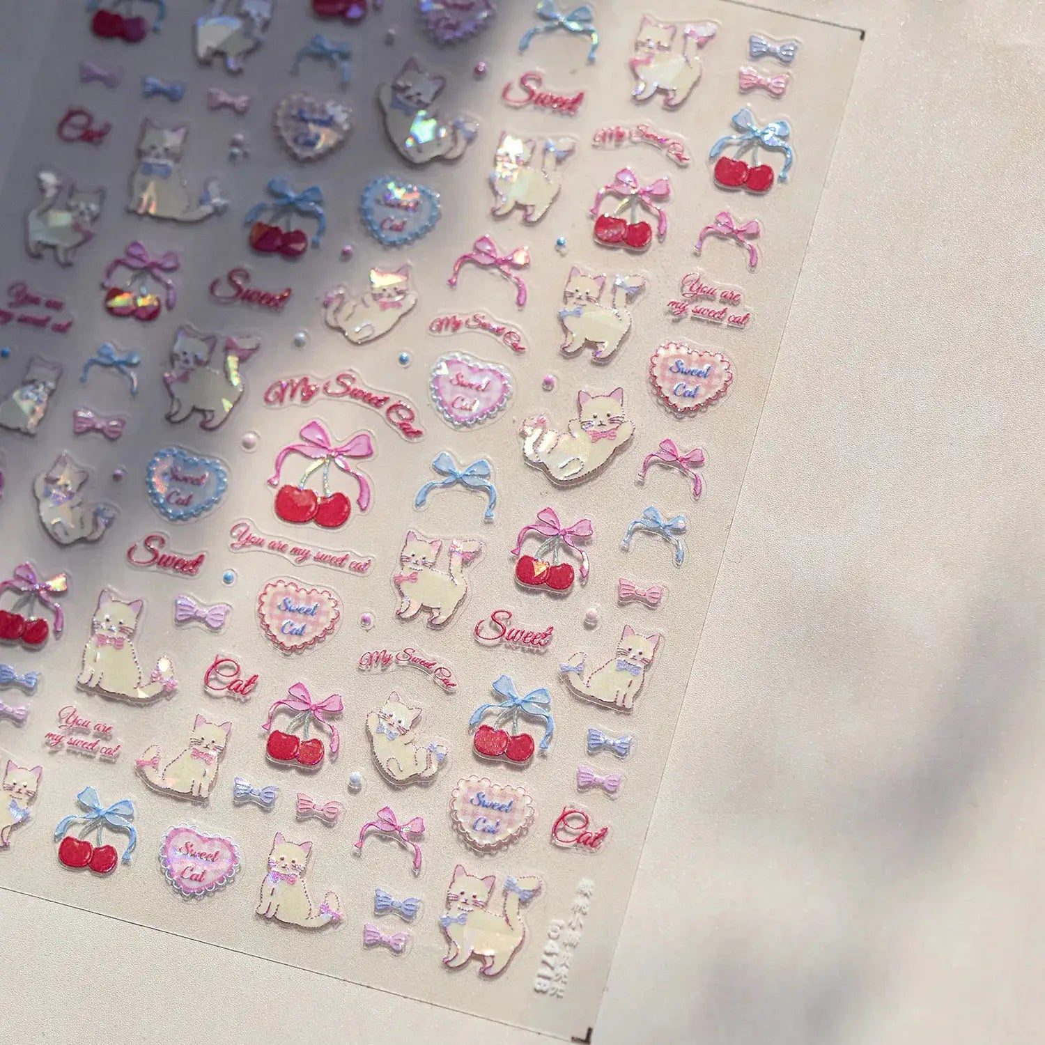 Simples Market pink translucent peach 5D jelly self-adhesive nail art stickers sheet with cute cats, cherries