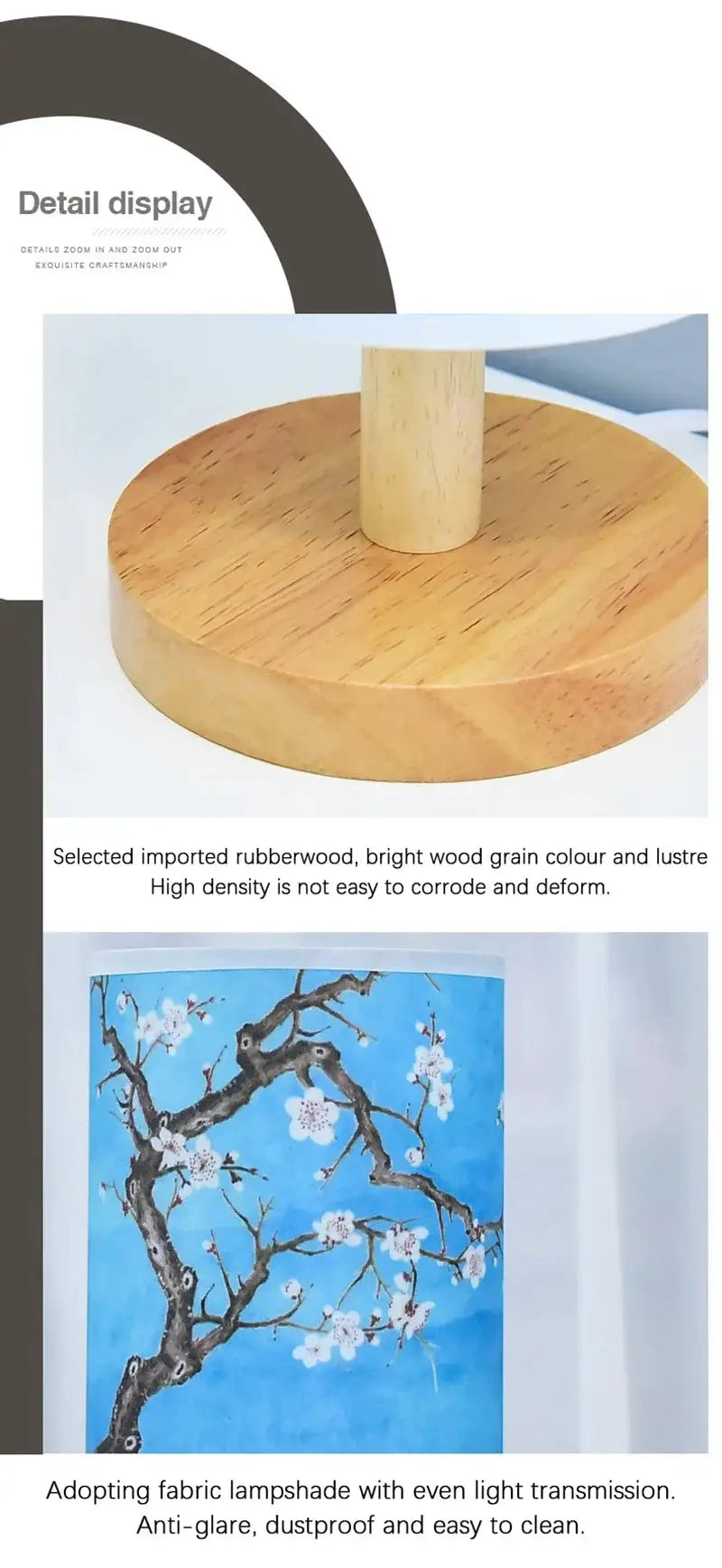 LED table lamp with wooden round base and fabric shade featuring plum blossom art, Simples Market