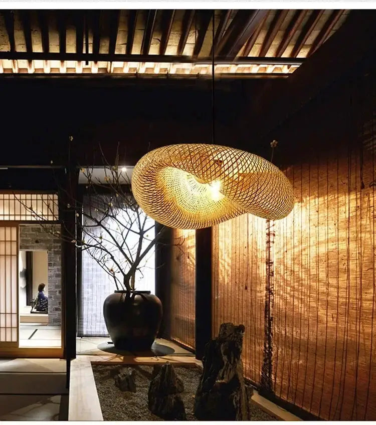 Bamboo weaving LED pendant light, handmade vintage chandelier by Simples Market, 40–80cm natural bamboo