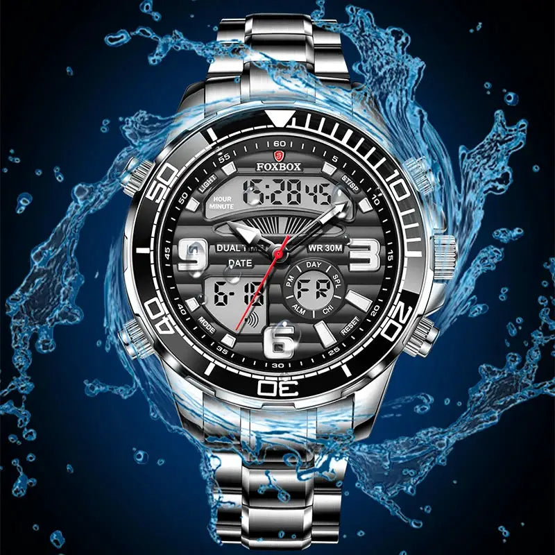 FOXBOX men's military sport watch with stainless steel band and digital-analog display, waterproof.
