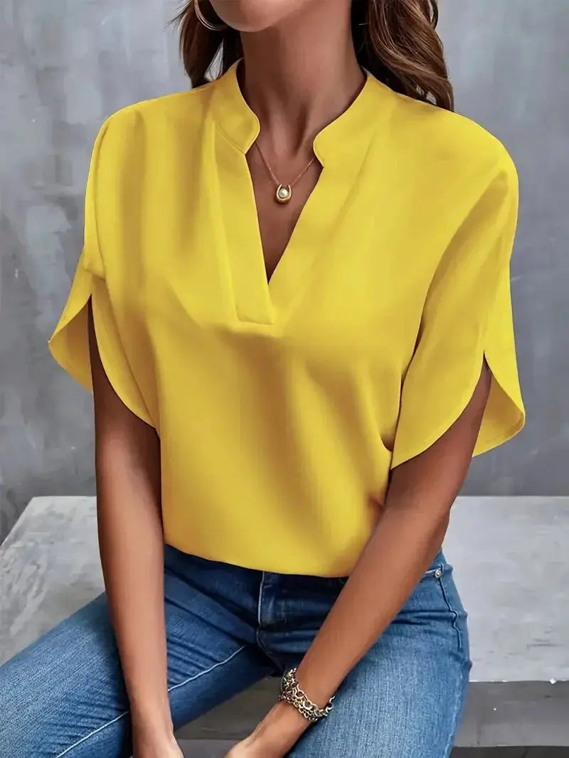 Women's solid yellow V-neck blouse with short sleeves, loose fit, Simples Market top
