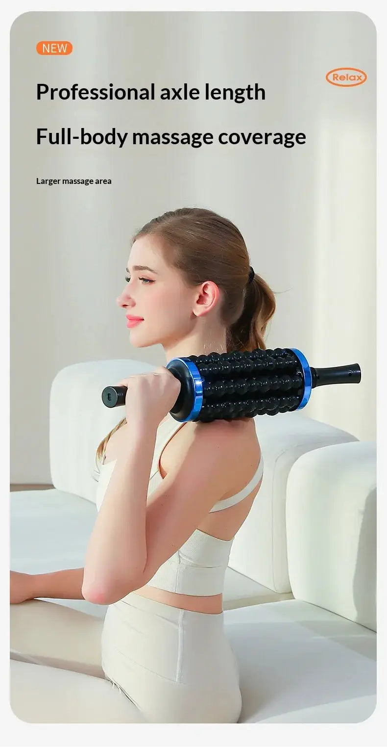 Rechargeable rolling percussive massager with 72 massage points; black handheld roller with blue accents