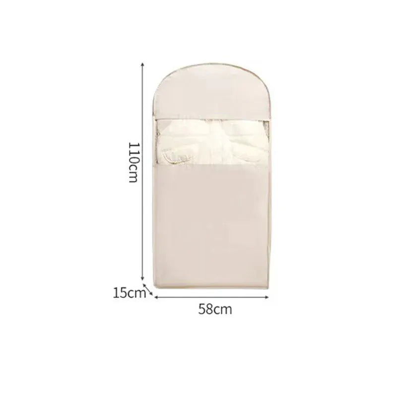 Beige clothing compression bag wardrobe organizer with clear top pocket, 58x110x15 cm