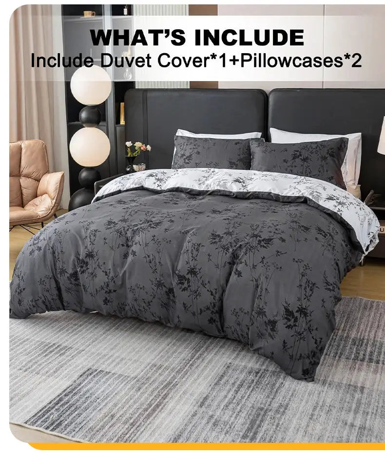 Duvet cover set, Simples Market 3-piece Zhusheng Kongye floral pattern in dark gray; includes duvet cover and two pillowcases.