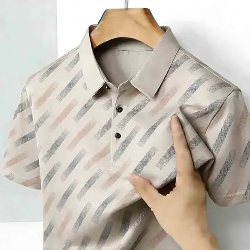 Men's Simples Market polo shirt, short sleeve with diagonal striped print in light beige/gray tones