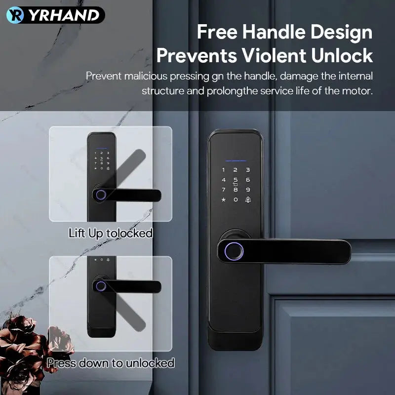 YRHAND fingerprint smart door lock with black handle and keypad; two views