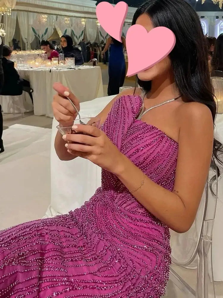Elegant Vintage Pink Mermaid Evening Dress Beaded Lace Long Gown