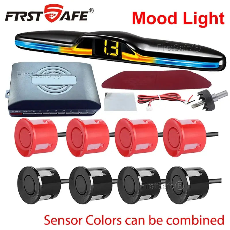 FirstSafe parking sensor kit with mood-light display, 8 sensor pads (red/black) and control module by Simples Market