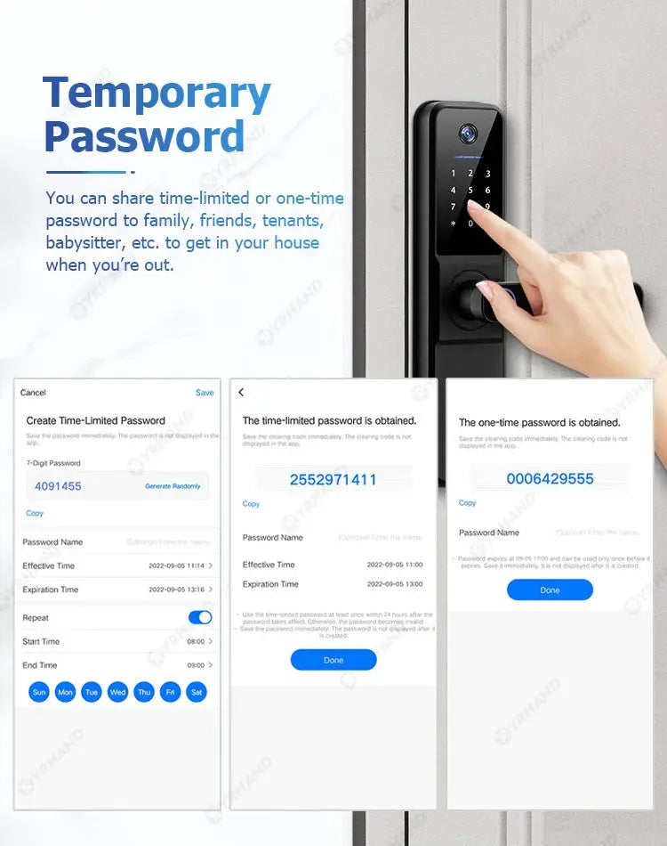 YRHAND H01 smart door lock, black finish with biometric camera and fingerprint; Tuya WiFi IP66, Simples Market collage.