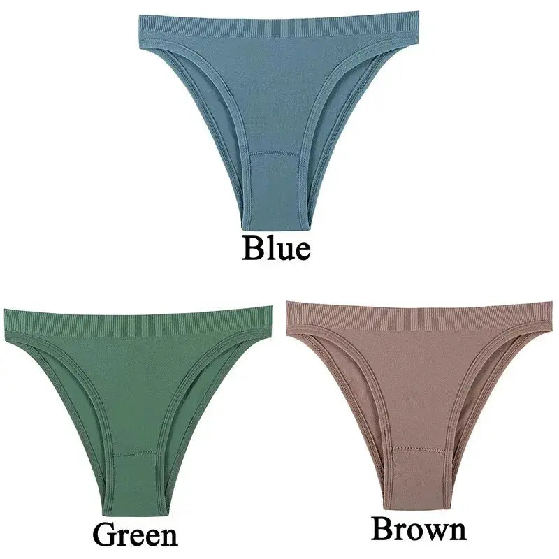 Three-pair set of women's high-waist tummy-control panties in blue, green and brown.