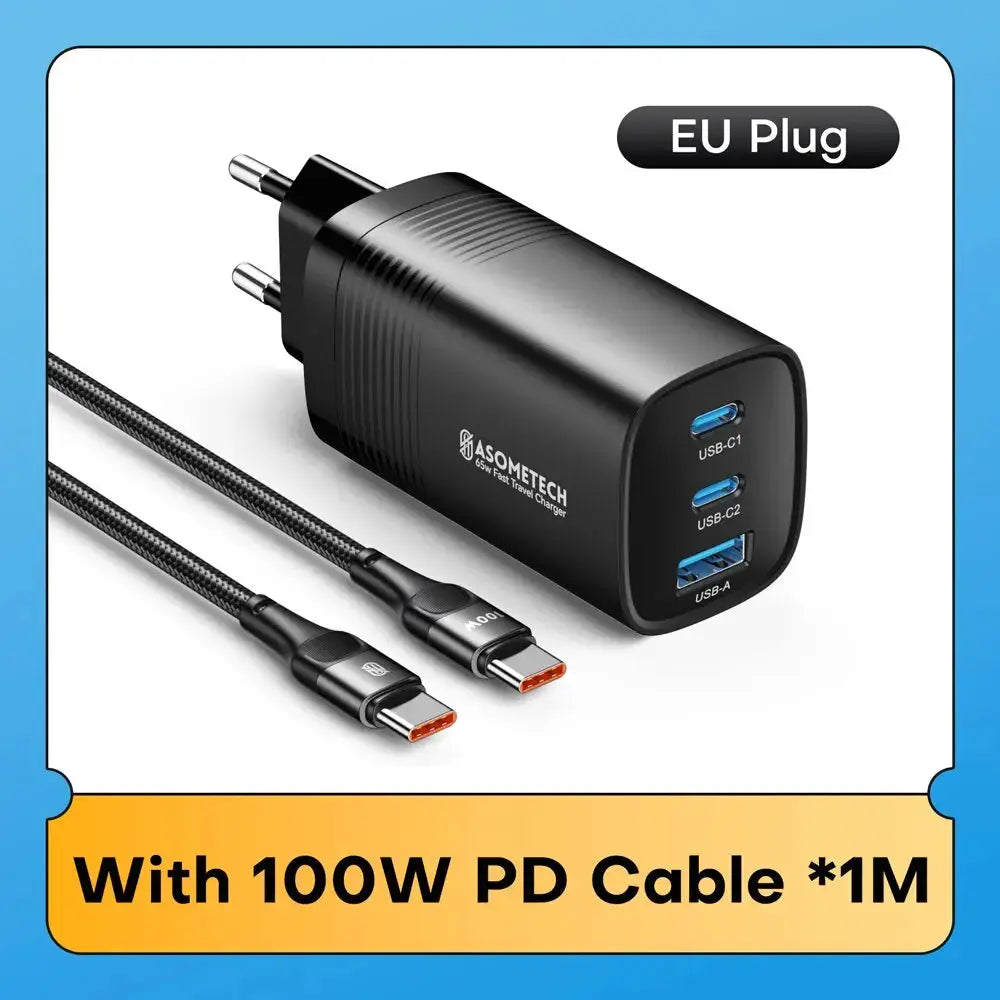 ASOMETECH GaN USB-C charger with EU plug, black; 65W/45W PPS PD QC4.0, includes 100W PD cable (1m)