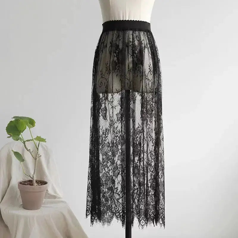 Black lace long skirt with sheer tulle overlay and elastic high-waist waistband