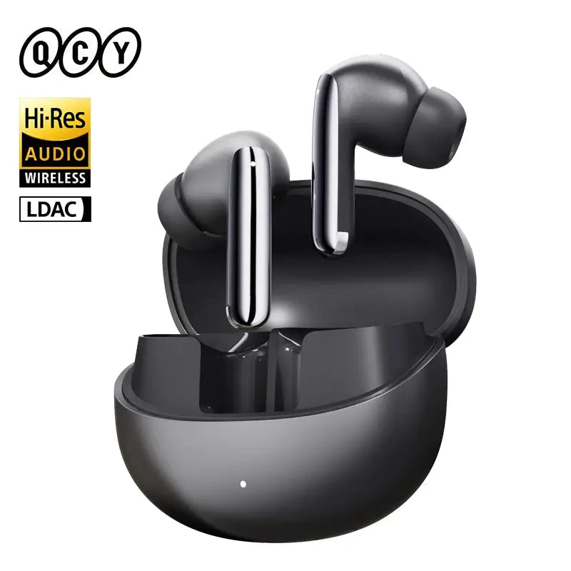 QCY MeloBuds Pro wireless earbuds in charging case; dark gray with silver accents, Hi-Res LDAC logos