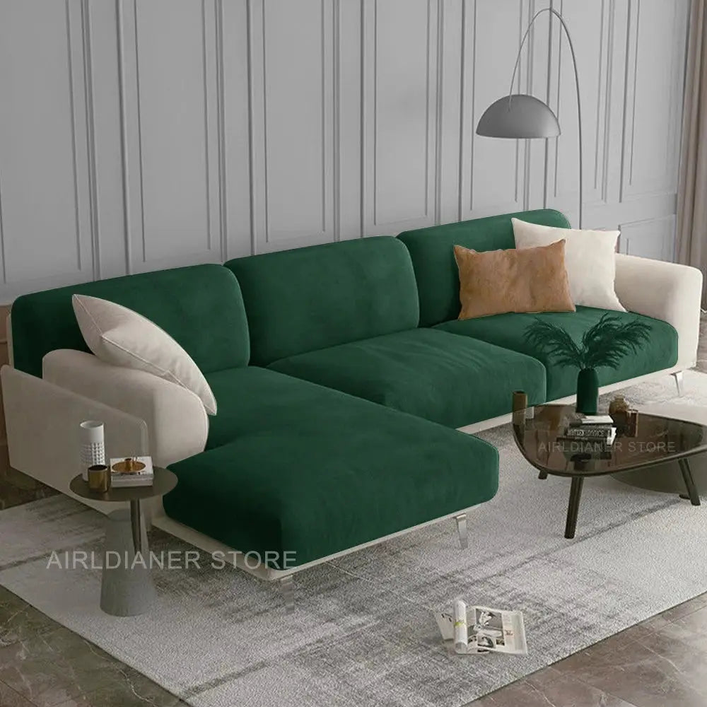 Velvet sofa seat cover set in green with elastic cushion covers for sectional sofa, Simples Market