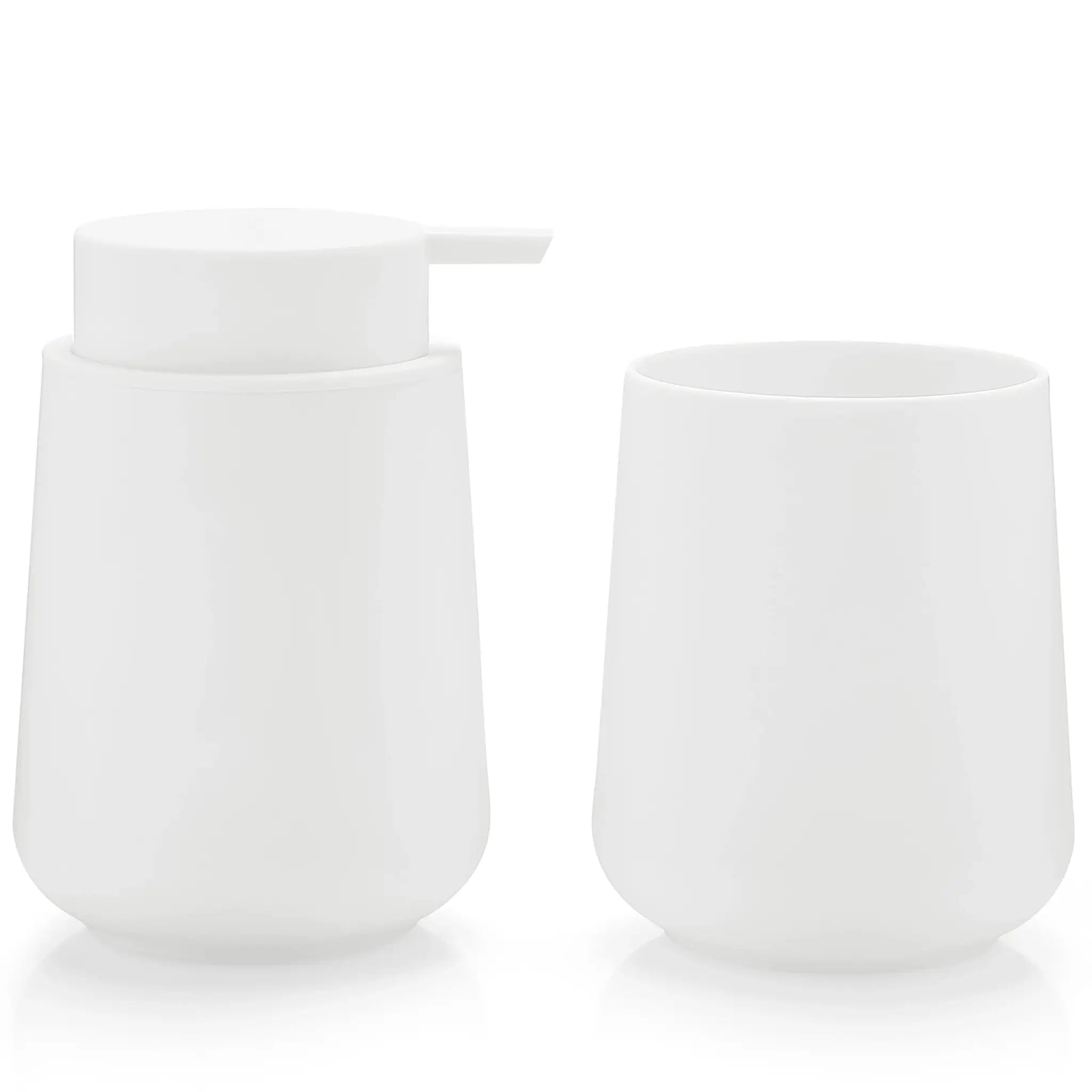 Bathroom accessory set: white 2-piece soap dispenser and cup for vanity decor