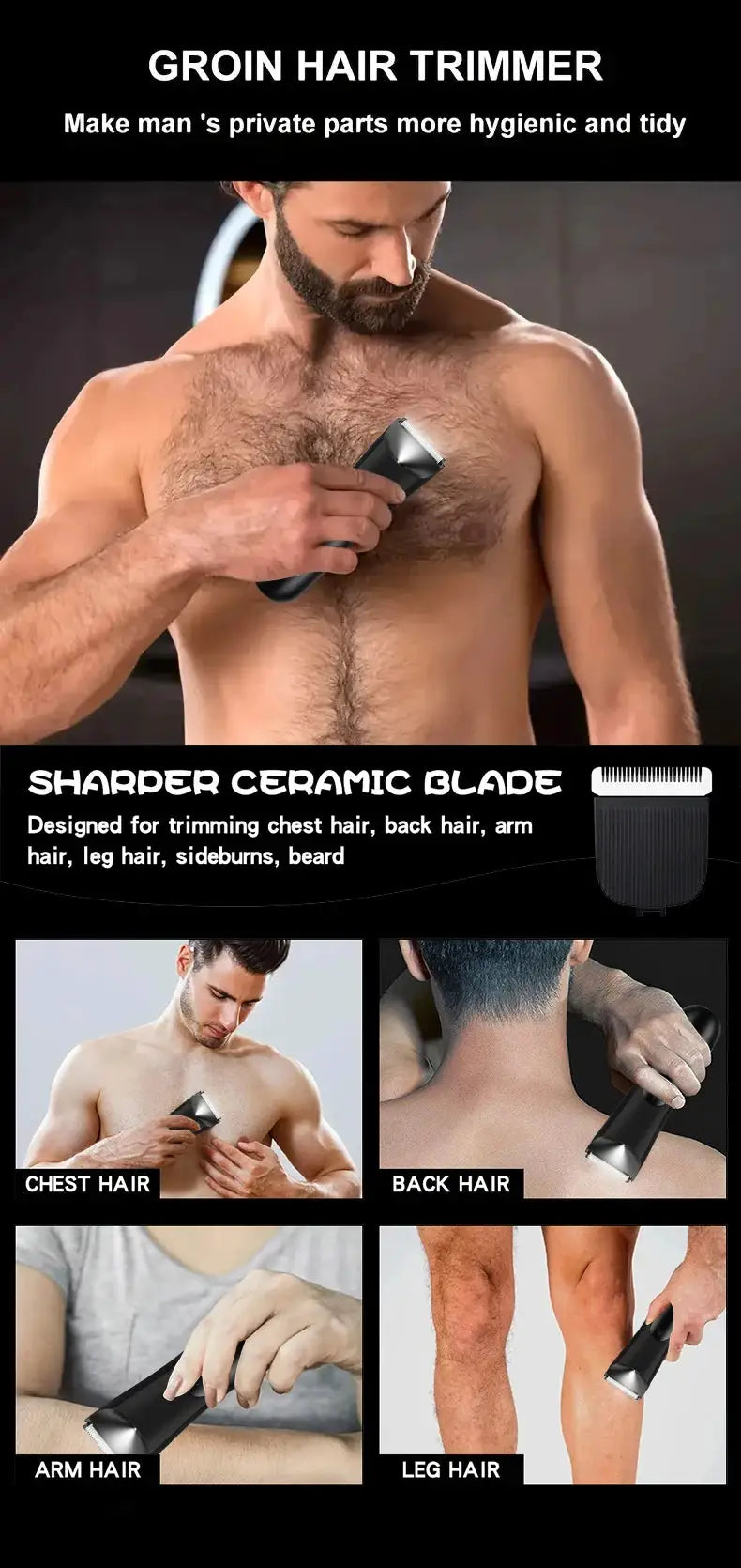 Men's Groin Hair Trimmer with ceramic blade and two guard attachments