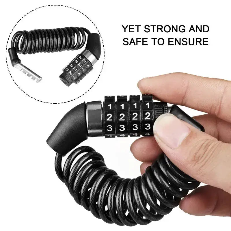 Helmet lock with a coiled black security cable and 4-digit combination dials