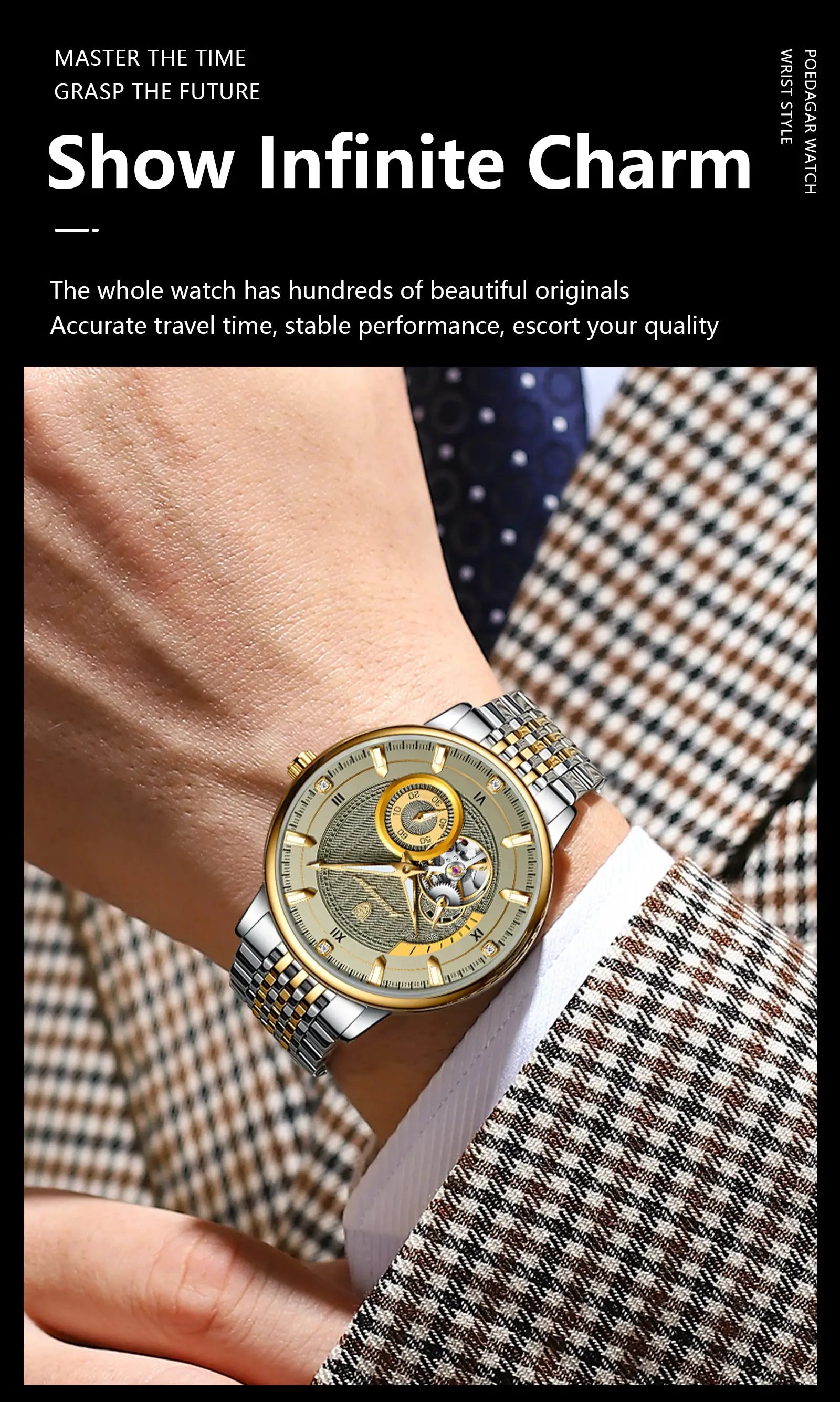POEDAGAR luxury men’s wristwatch with skeleton dial, gold bezel, and two-tone stainless steel band