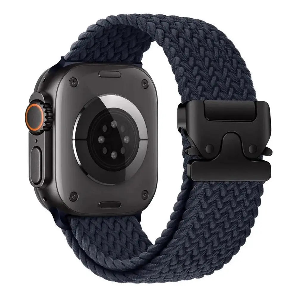 Parachute strap for Apple Watch by Simples Market, navy braided nylon with deployant clasp, 41–49mm