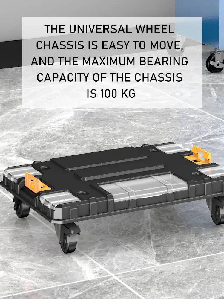 AIRAJ stackable modular toolbox on wheels, black with orange latches and clear compartments.