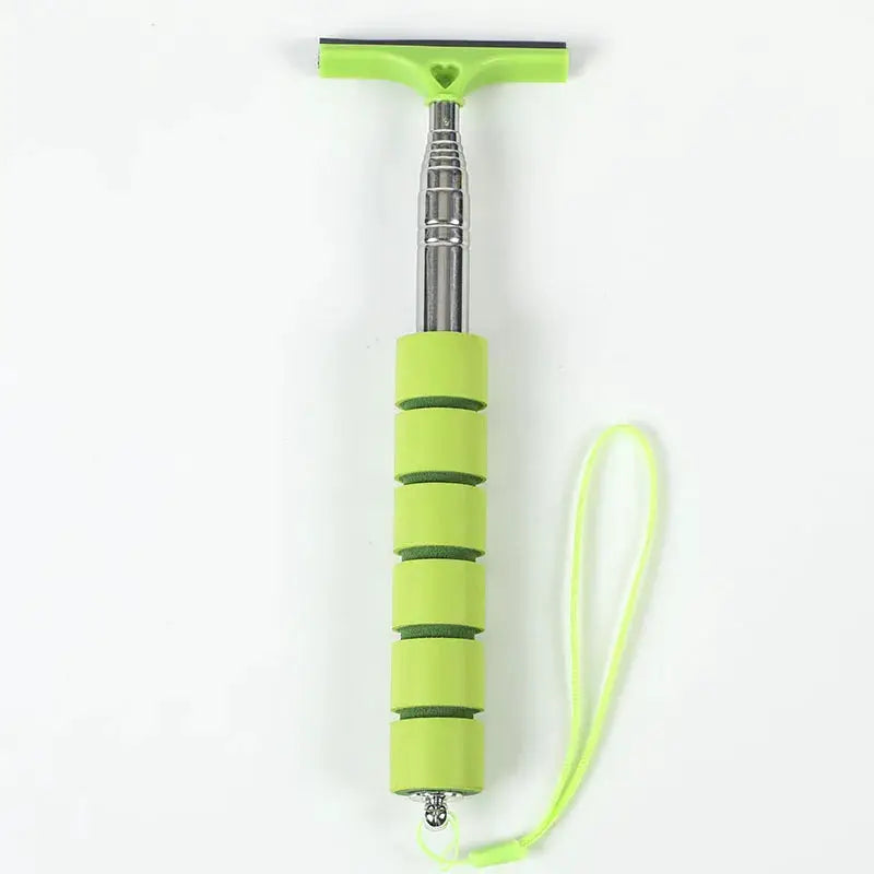 Car rearview mirror wiper cleaning tool by Simples Market with telescopic lime-green handle and lanyard