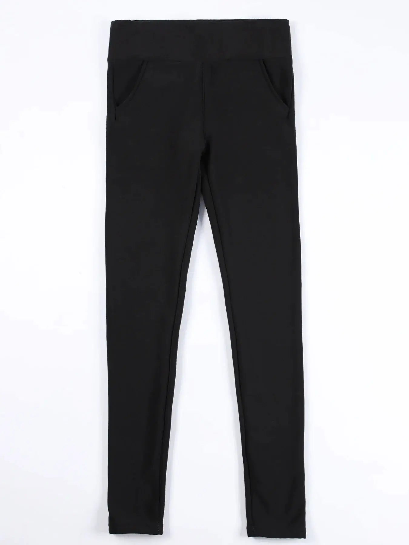 Women's high-waist fleece-lined leggings with pockets, black thermal stretch pants