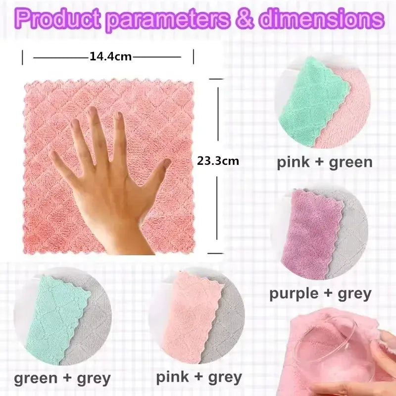 Kitchen microfiber towel set; ultra-fine, absorbent cleaning cloths in pink/grey, green/grey, and purple/grey