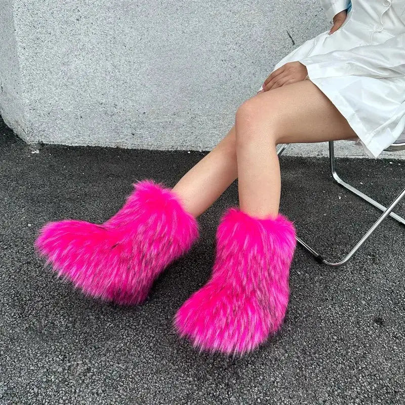 EverWarm Raccoon Fur Mid Calf Winter Snow Boots With Plush Insole And Short Plush Lining For All Day Warmth
