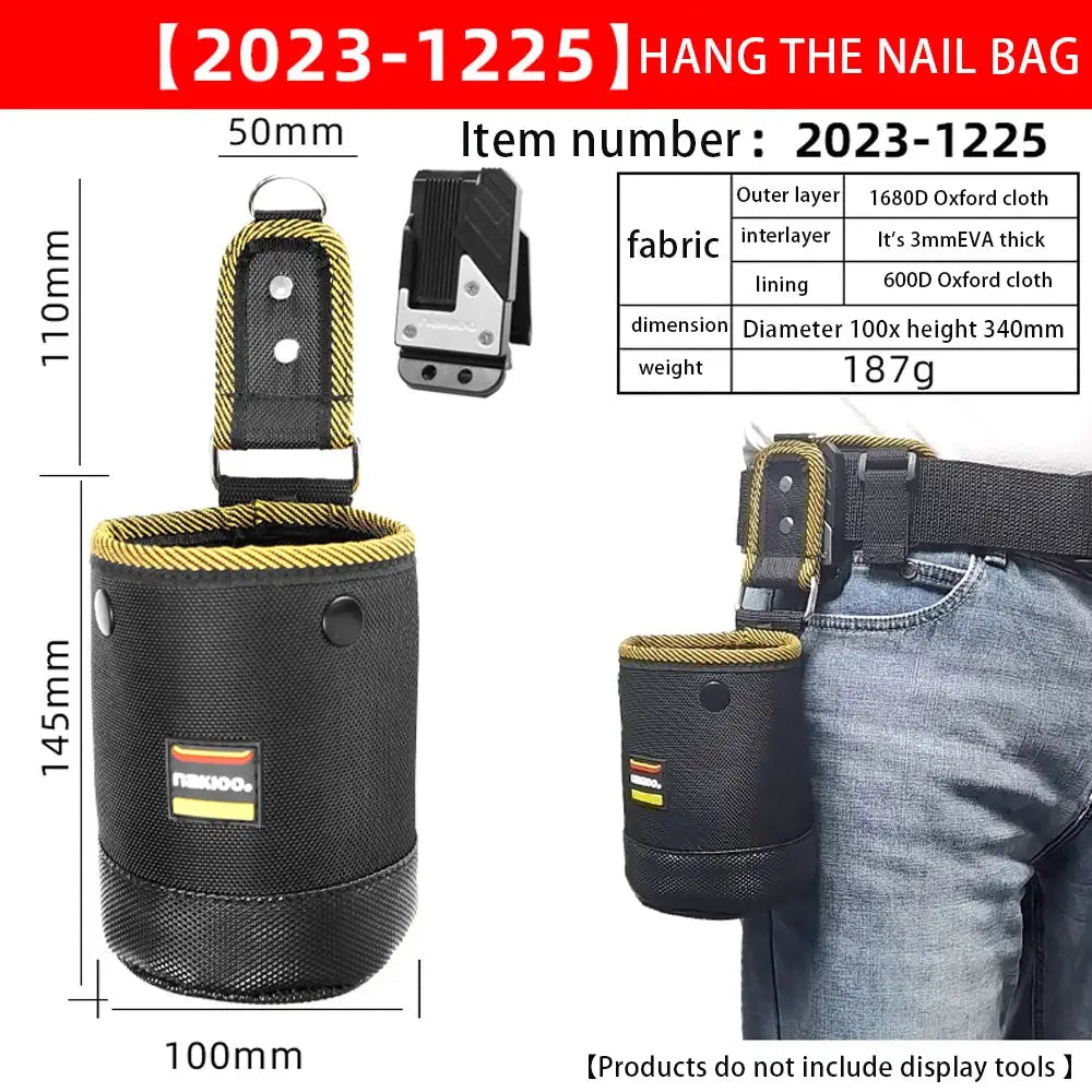 Nail tool bag, black 1680D rotatable pouch with yellow trim and belt clip