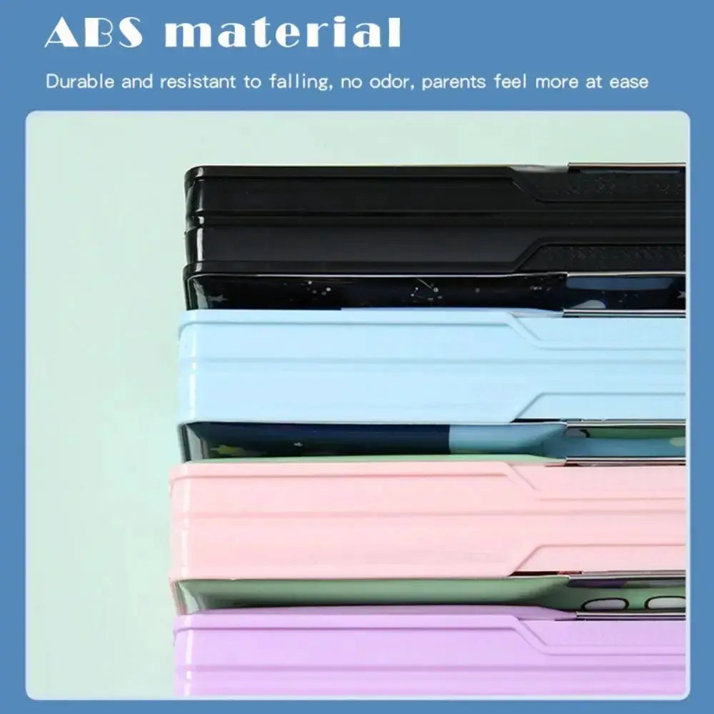 Plastic pencil cases, five stacked in black, blue, pink and purple; multi-functional pen bag design