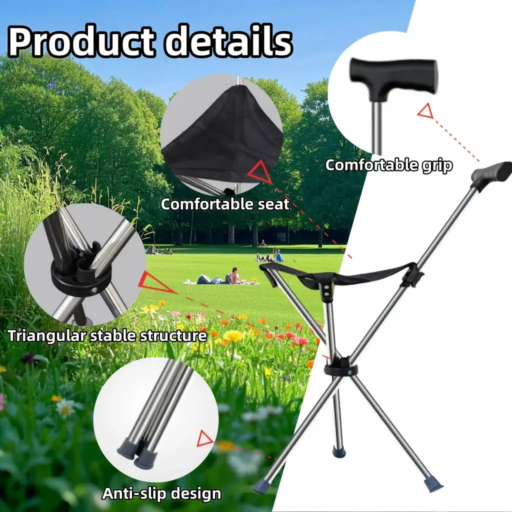 Simples Market 2-in-1 folding cane and chair; silver aluminum frame, black grip and seat, ideal for hiking and outdoor use.