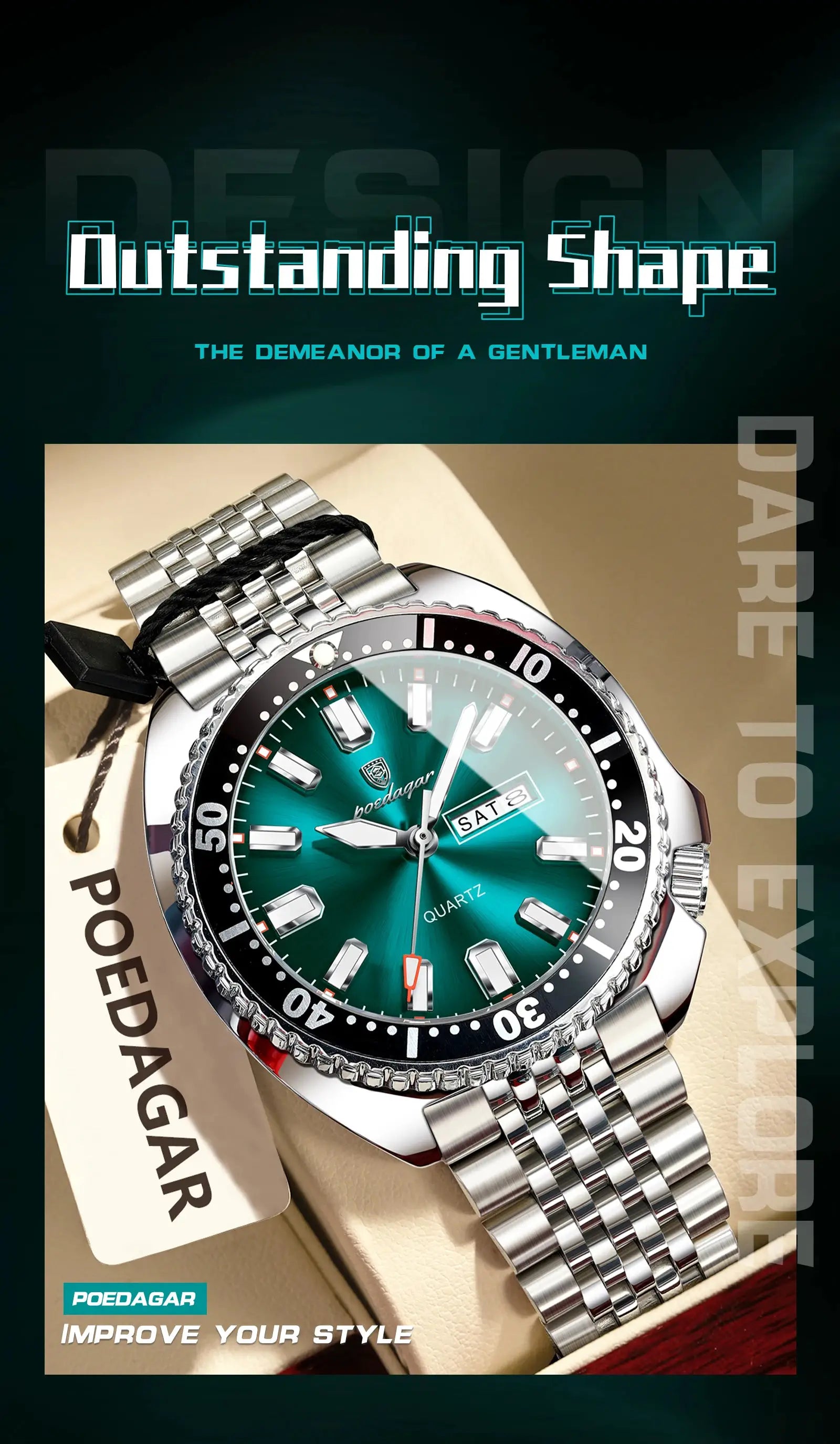 POEDAGAR men's stainless steel wristwatch with teal dial, day/date window and diver-style bezel