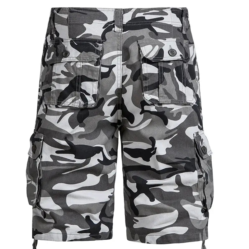 Men's gray camouflage cargo shorts, cotton, loose fit with side pockets