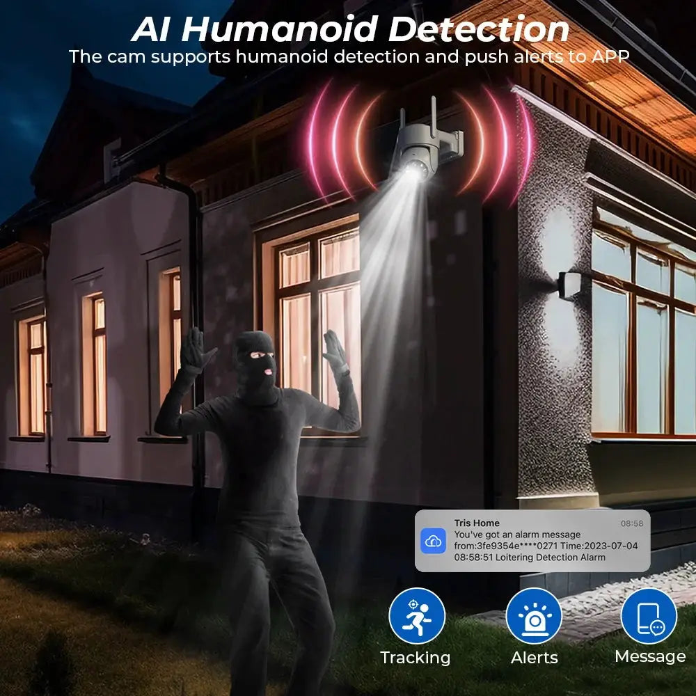 WiFi PTZ outdoor solar IP camera by Simples Market, 4MP HD, built-in battery, AI humanoid detection with iCsee app