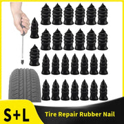Black rubber tire repair plugs set with insertion tool for car and motorcycle wheels