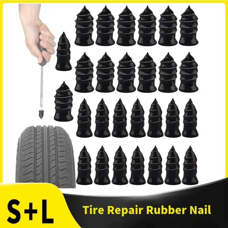 Black rubber tire repair plugs set with insertion tool for car and motorcycle wheels
