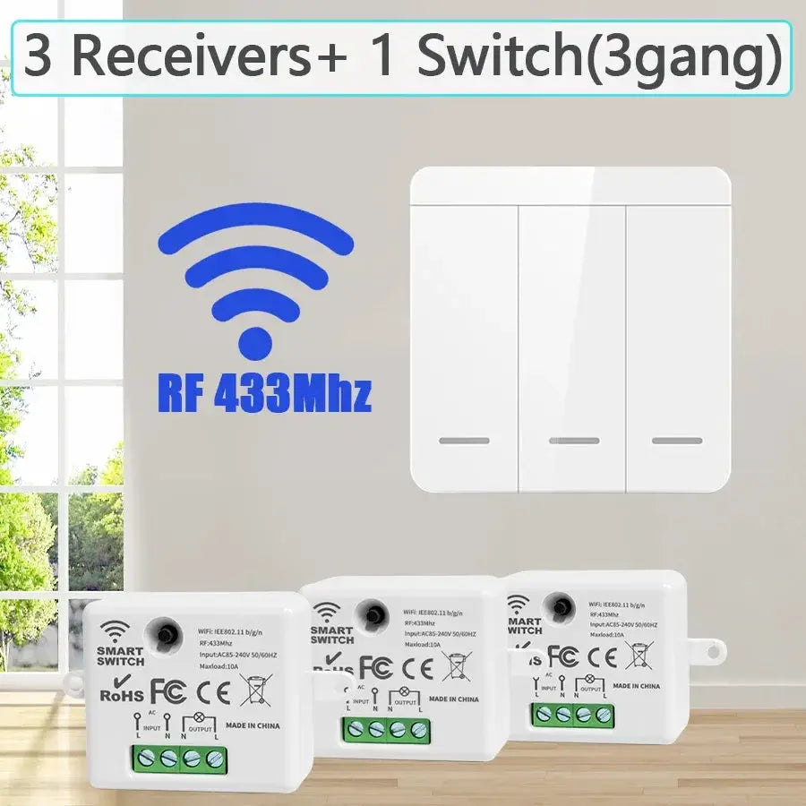 Simples Market wireless RF433 smart switch kit with 3 receivers and 1 white 3-gang wall switch for 110–240V lighting