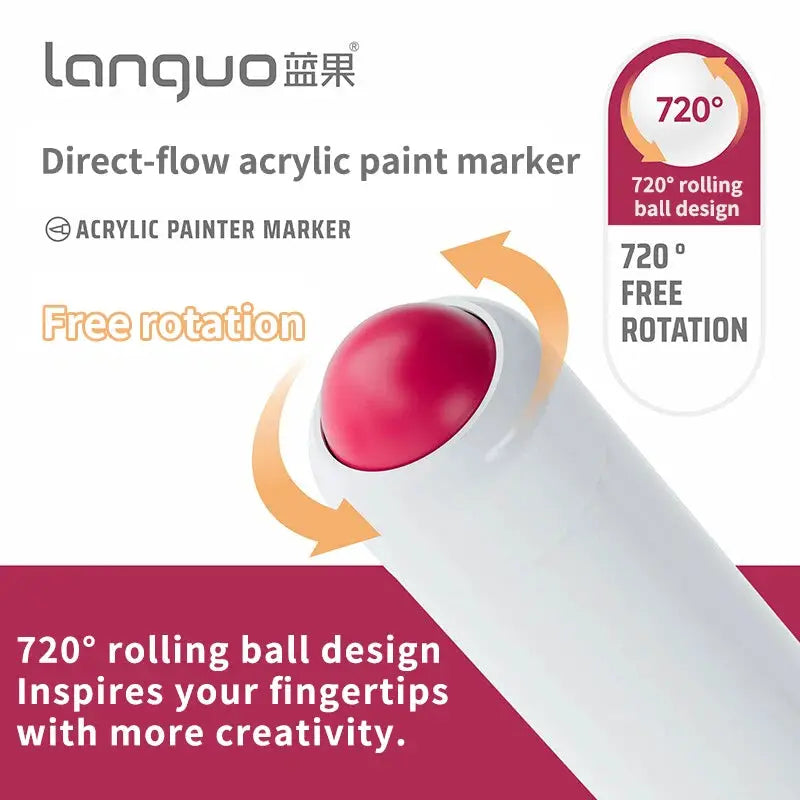 Languo acrylic paint marker, direct-flow, white body with pink rolling ball, 720° rotation design.