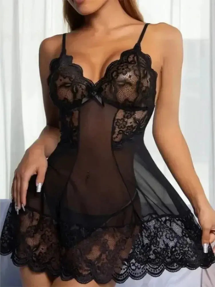 Blue Lace Sheer Mini Nightdress With Stretch Polyester Spandex Fit And Delicate Lace Details