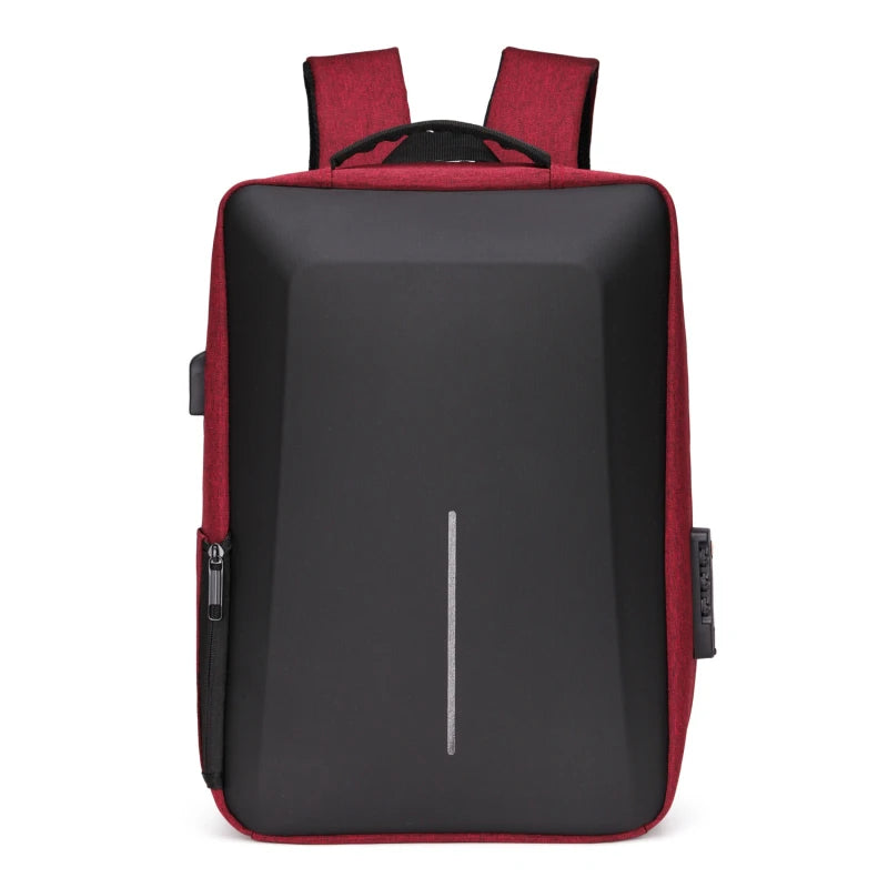 Men's casual hard-shell backpack by Simples Market, red sides black front panel vertical reflective stripe top handle