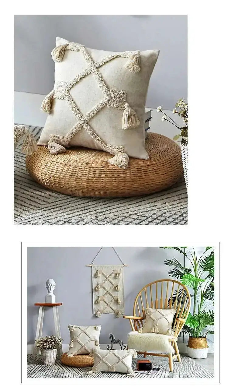 Boho linen cushion cover beige with tassel lattice trim for living room decor