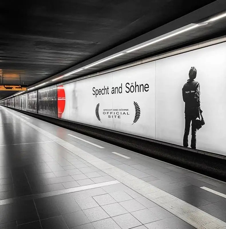 Specht and Söhne watch ad on subway platform wall, with a silhouetted figure and official site emblem.