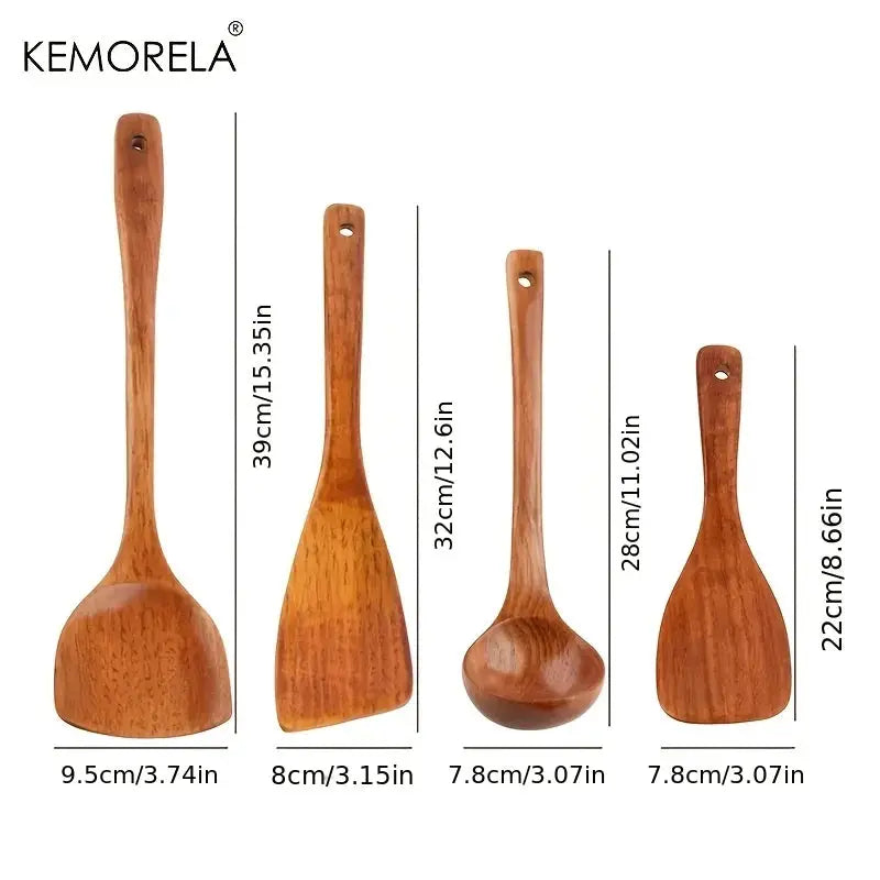 Kemorela 4 Piece Kitchen Utensil Set Wooden Cooking Tools Spatula Spoon Scoop Nonstick Safe For Nonstick Pans