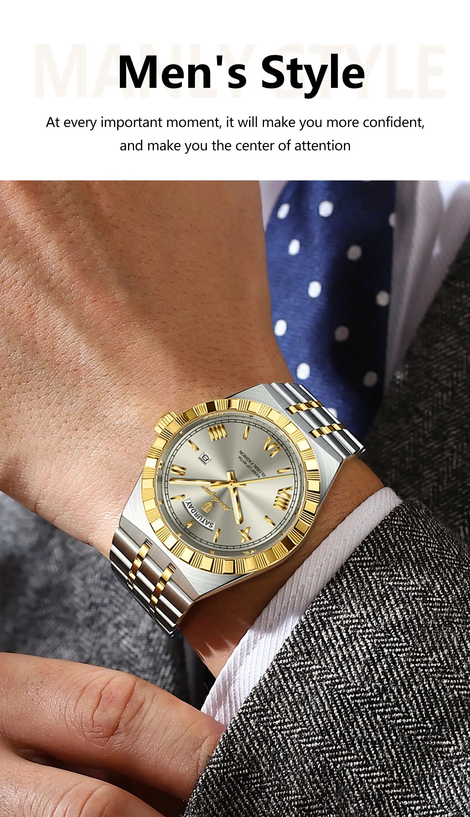 POEDAGAR men's wristwatch, two-tone stainless steel with gold bezel and silver dial with date window.